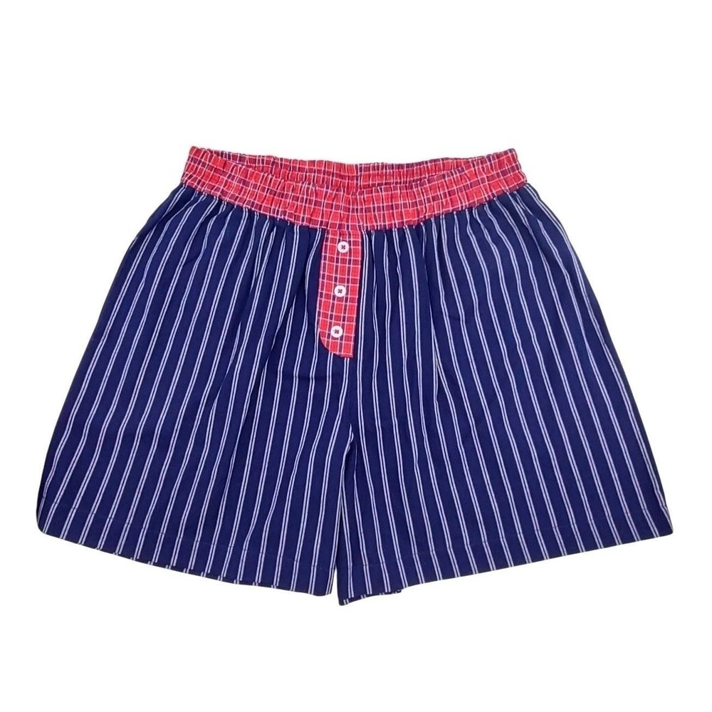 2 Cotton Sleep Shorts Womens XL Pajama Boxer Pockets Red Gingham & Blue Striped - Picture 2 of 11